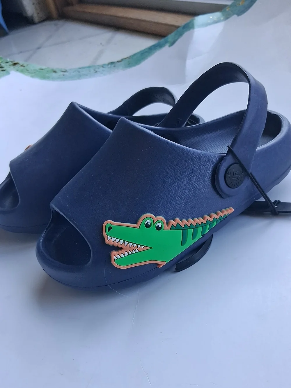 Kids Navy Slide Sandals with Green Crocodile Accent - Comfortable Slip-On